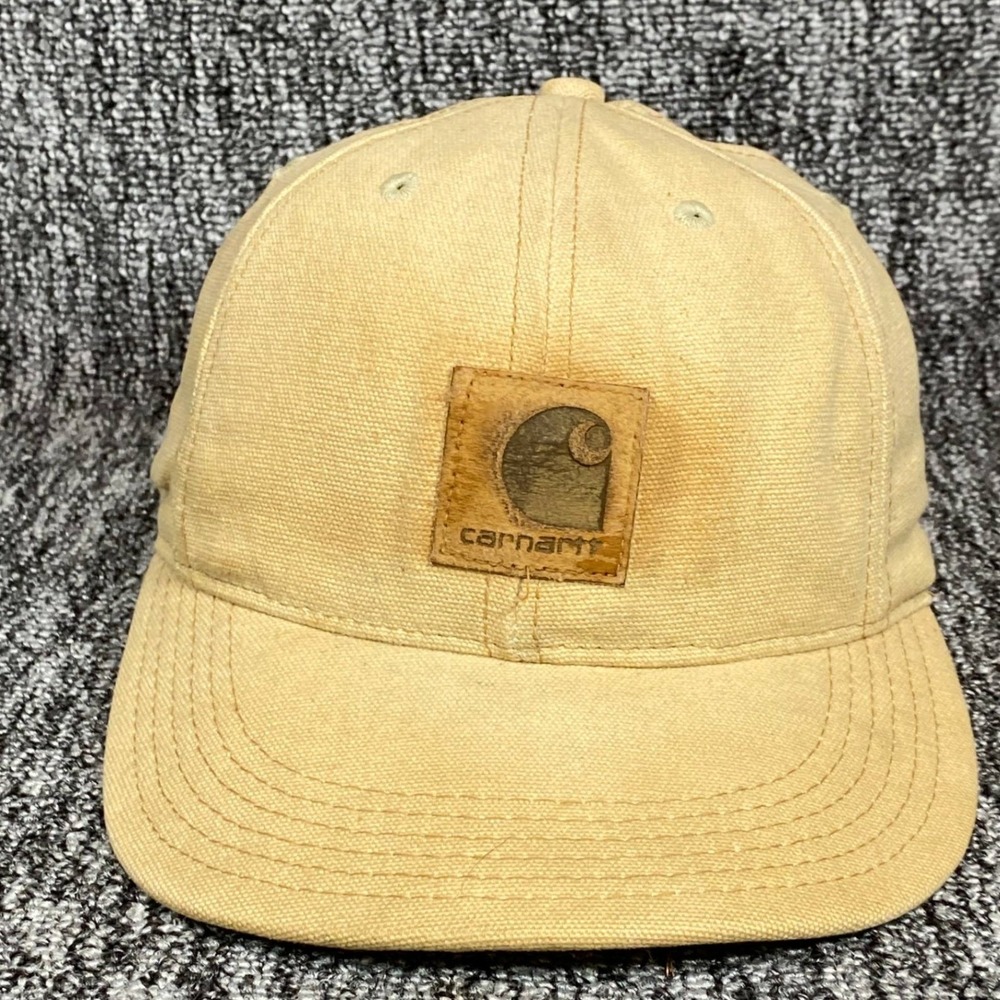VTG Carhartt Made in USA Duck Canvas Leather Patch Hat Snapback Cap Tan Brown
